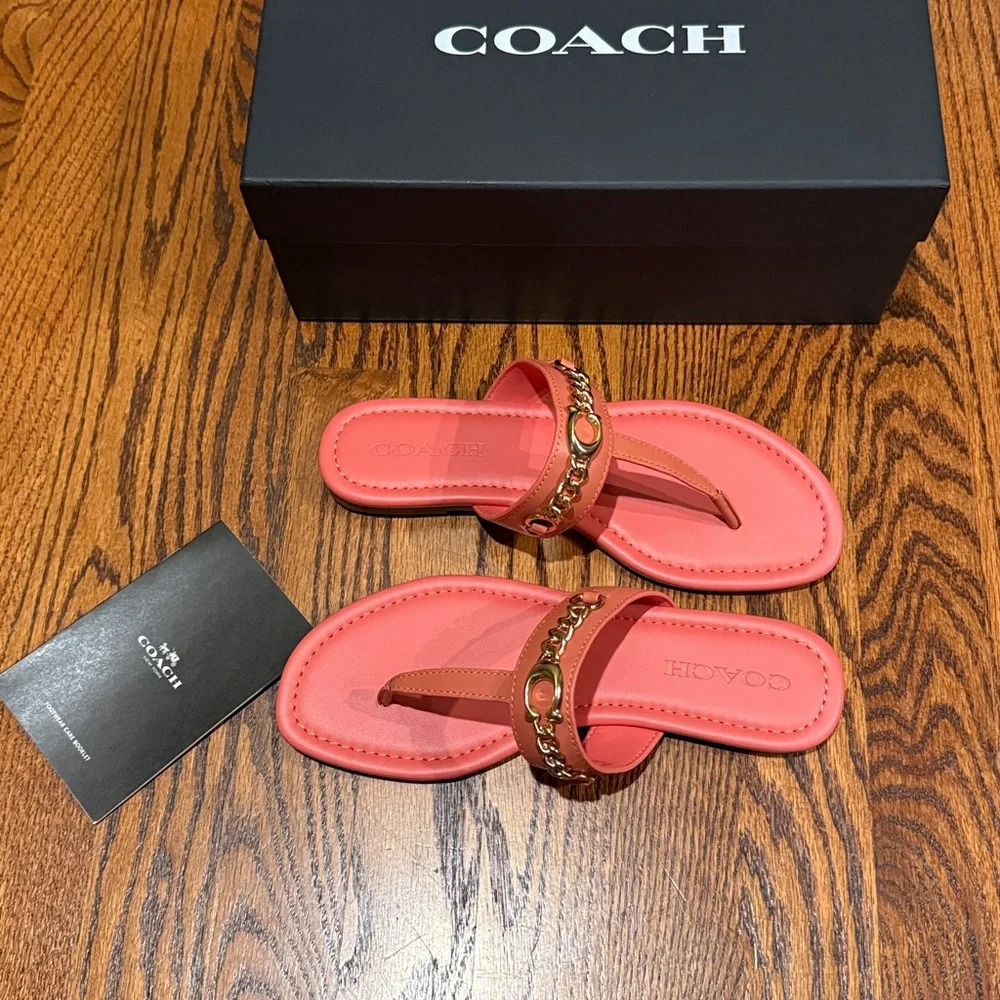 Coach coral Sandals with Gold Chain Accent. Jaclyn leather sandal size 8 B - Picture 6 of 7
